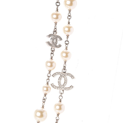 Chanel Graduated Pearl Crystal CC Long Necklace Silver 4 of 6