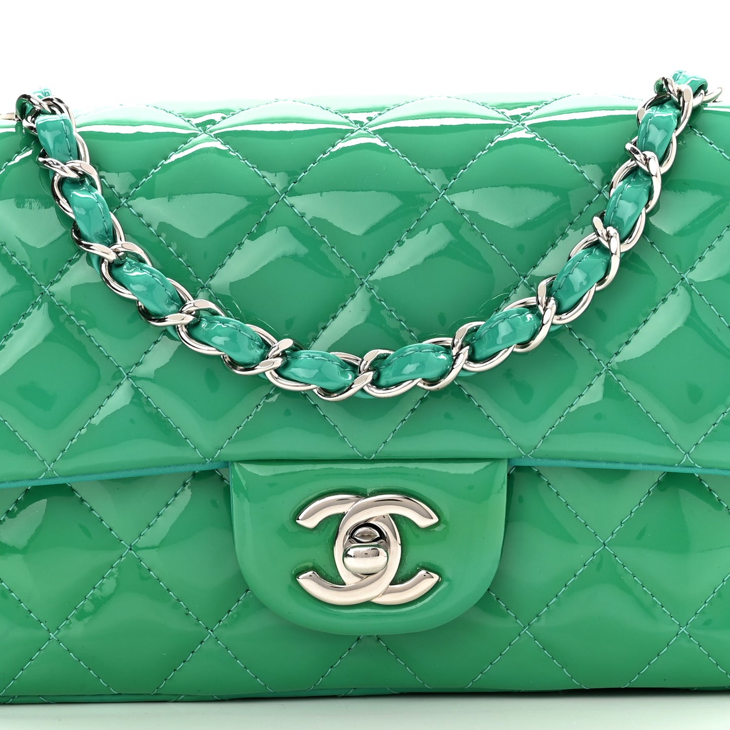Patent Calfskin Quilted Mini Rectangular Flap Green