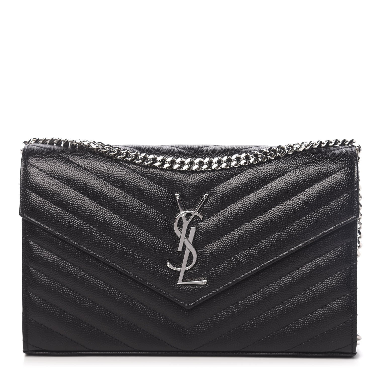 Saint Laurent Grain De Poudre Matelasse Chevron Monogram Chain Wallet Black 1 of 11