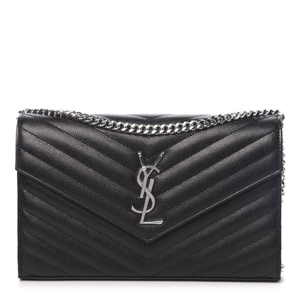 Saint Laurent Grain De Poudre Matelasse Chevron Monogram Chain Wallet Black 1 of 11