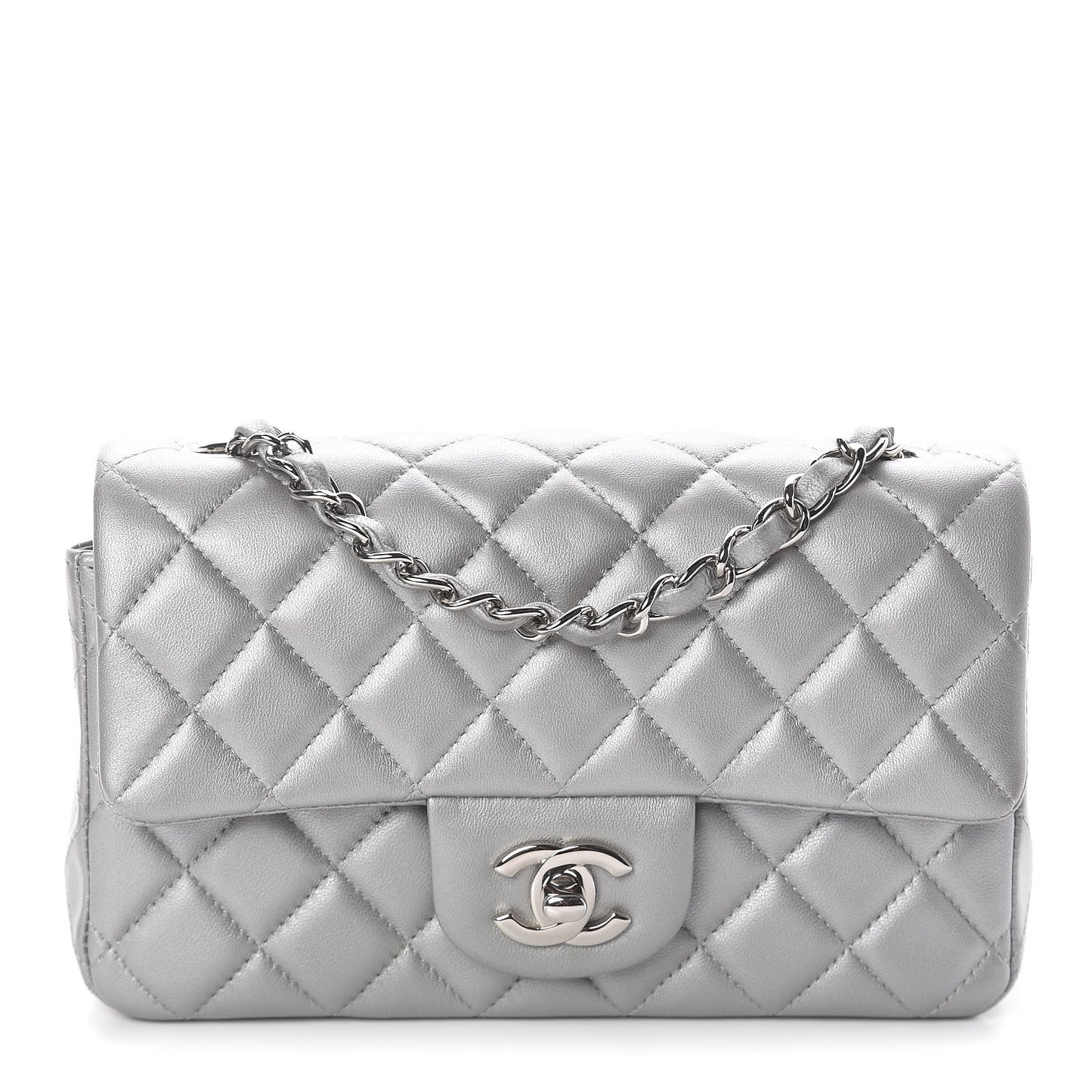 Metallic Lambskin Quilted Mini Rectangular Flap Silver