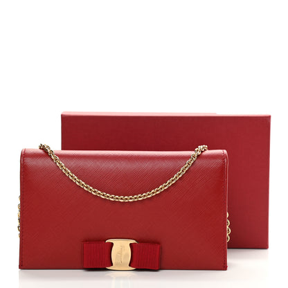Salvatore Ferragamo Hammered Calfskin Vara Bow Chain Wallet Red 10 of 10