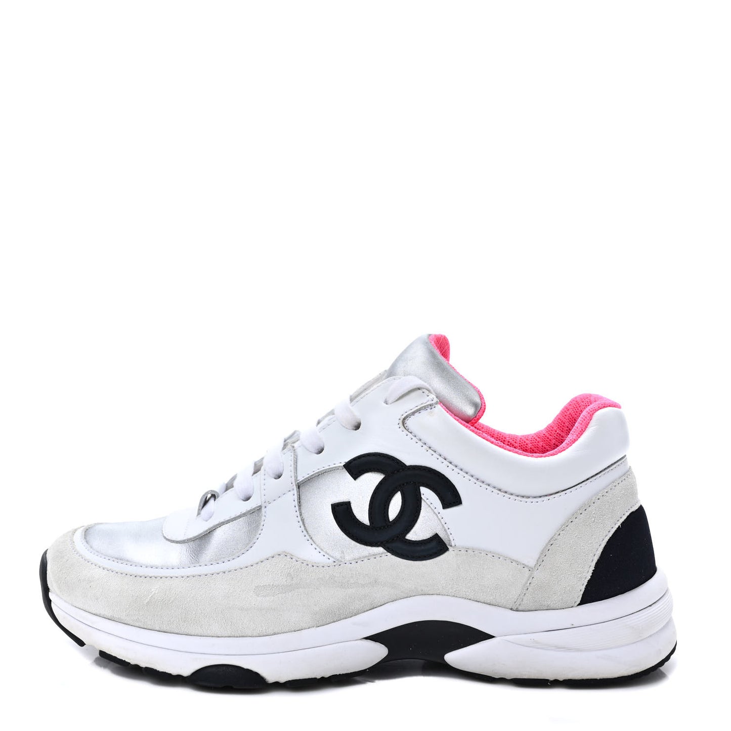 Calfskin Fabric Sneakers 37.5 White Silver Fluo Pink