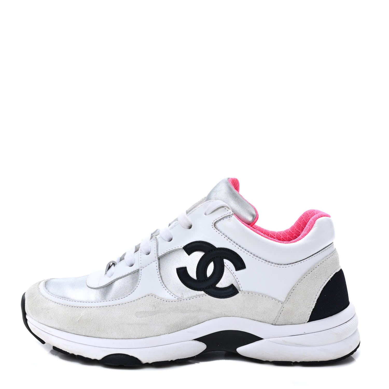 Chanel Calfskin Fabric Sneakers 37.5 White Silver Fluo Pink 1 of 9