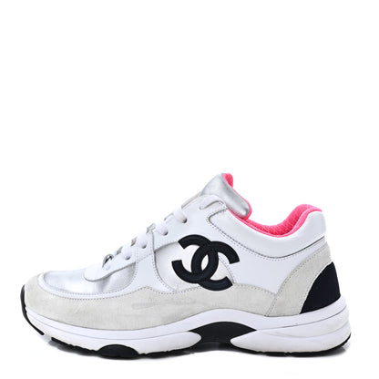 Chanel Calfskin Fabric Sneakers 37.5 White Silver Fluo Pink 1 of 9