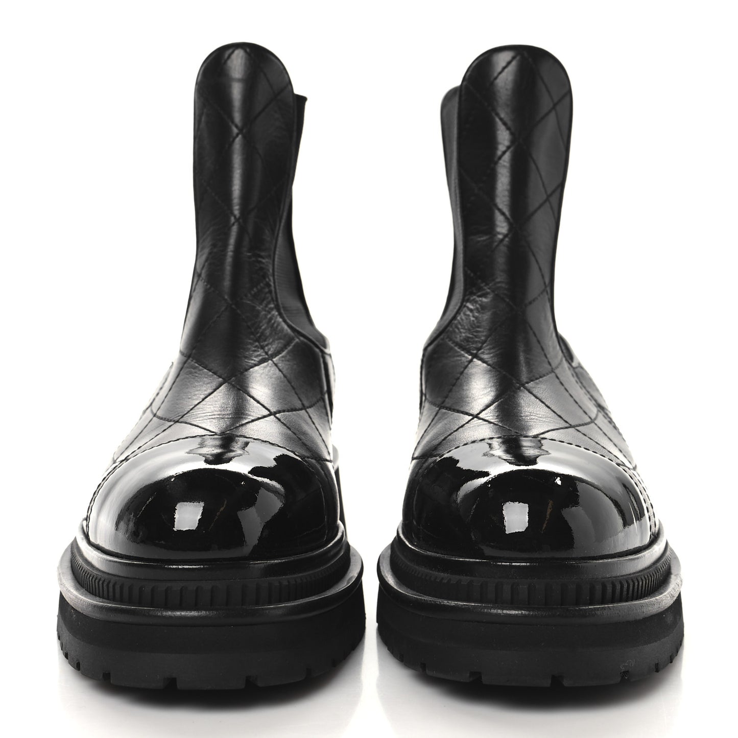 Calfskin Patent Cap Toe Quilted Short Boots 39 Black