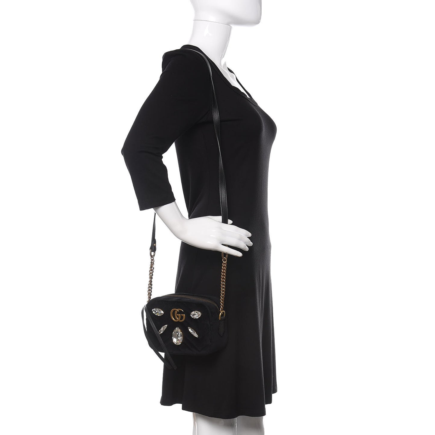 Velvet Matelasse Marquise Crystals Mini GG Marmont Chain Shoulder Bag Black