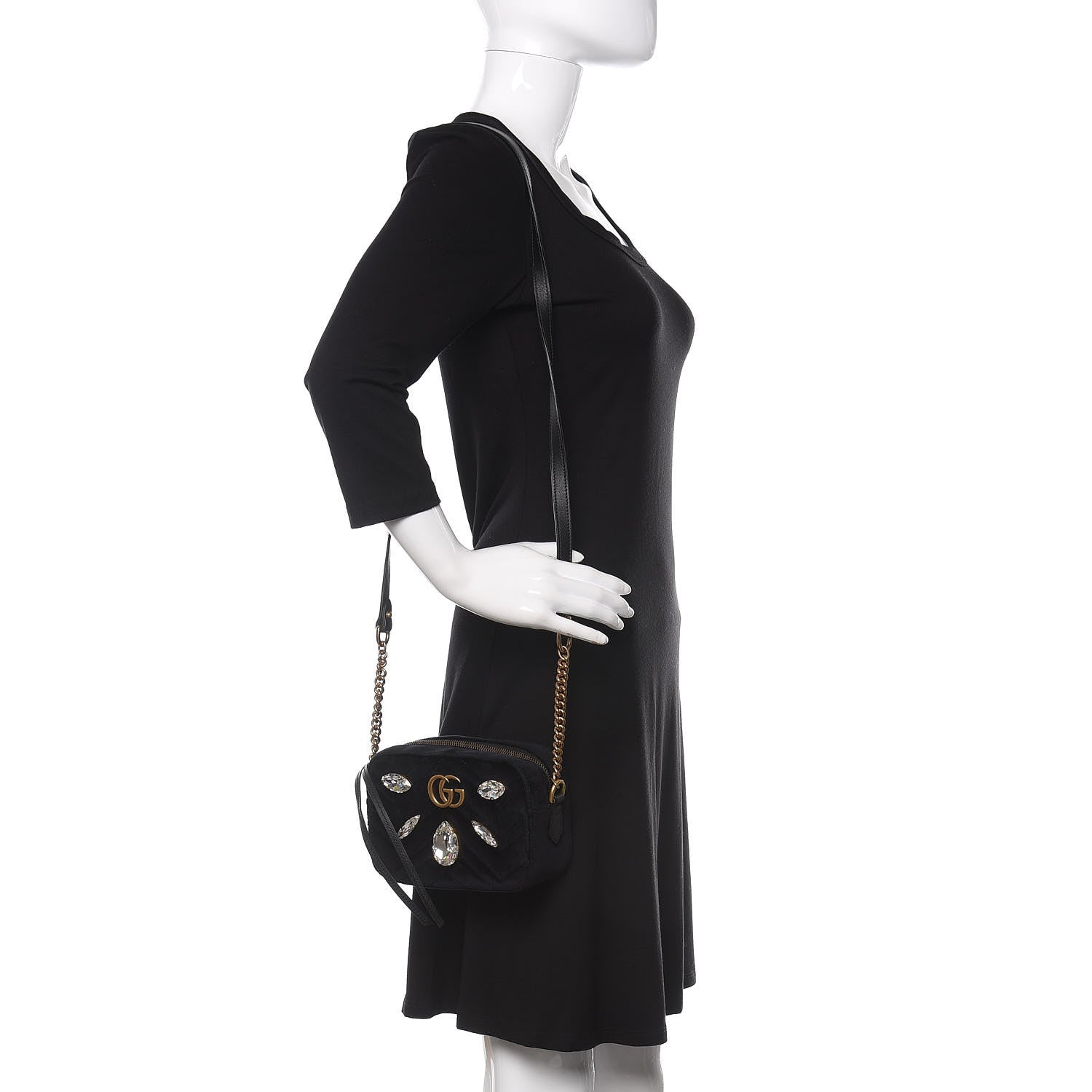Gucci Velvet Matelasse Marquise Crystals Mini GG Marmont Chain Shoulder Bag Black 2 of 10