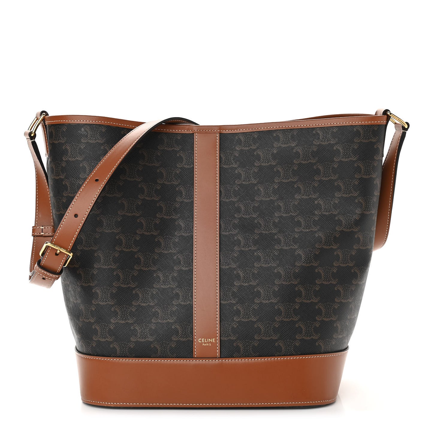 Triomphe Canvas Calfskin Medium Bucket Bag Tan