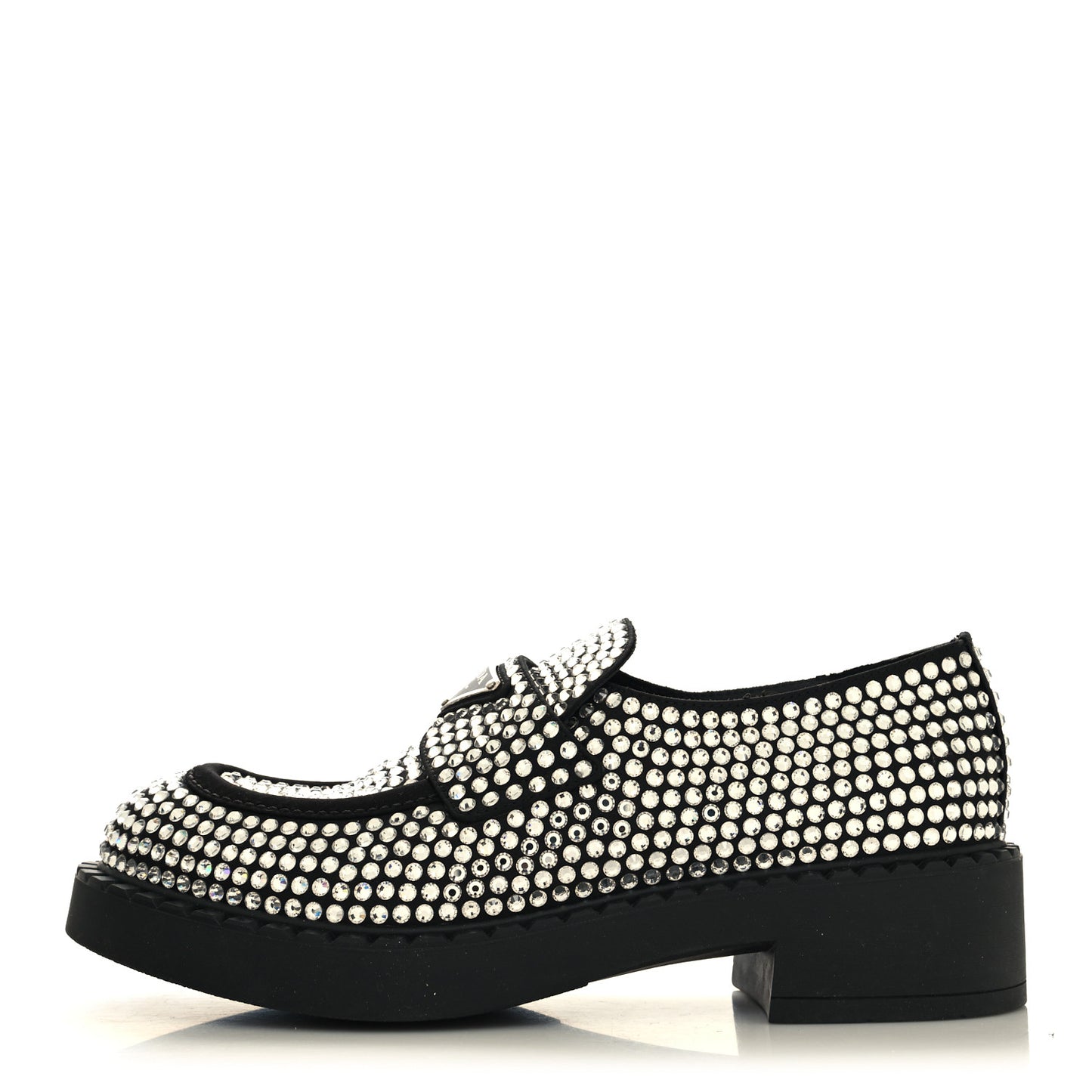 Satin Crystal Metal Triangle Logo 50mm Loafers 38 Cristal