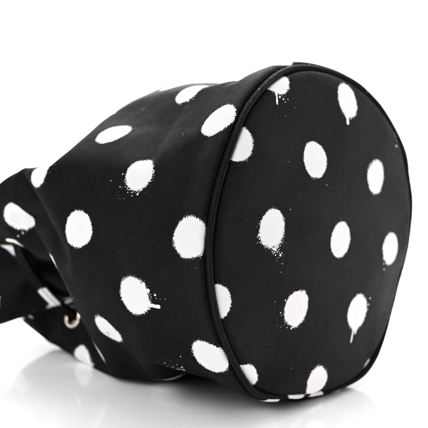 Recycled Sport Nylon Polka Dot Logo Embroidered Wheel Drawstring Bucket Bag Black White