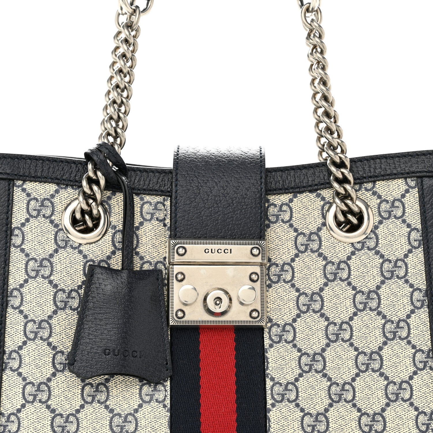 Gucci GG Supreme Monogram Textured Dollar Calfskin Web Small Padlock Tote Bag Beige Blue 8 of 11