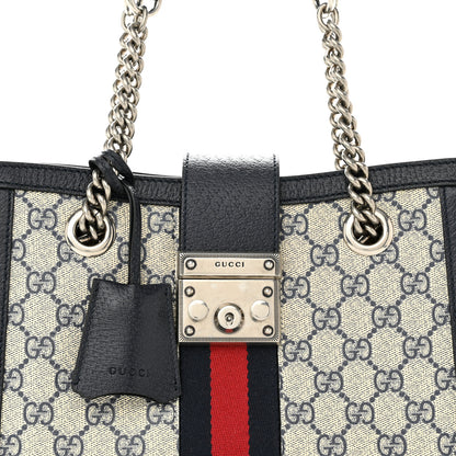 Gucci GG Supreme Monogram Textured Dollar Calfskin Web Small Padlock Tote Bag Beige Blue 8 of 11