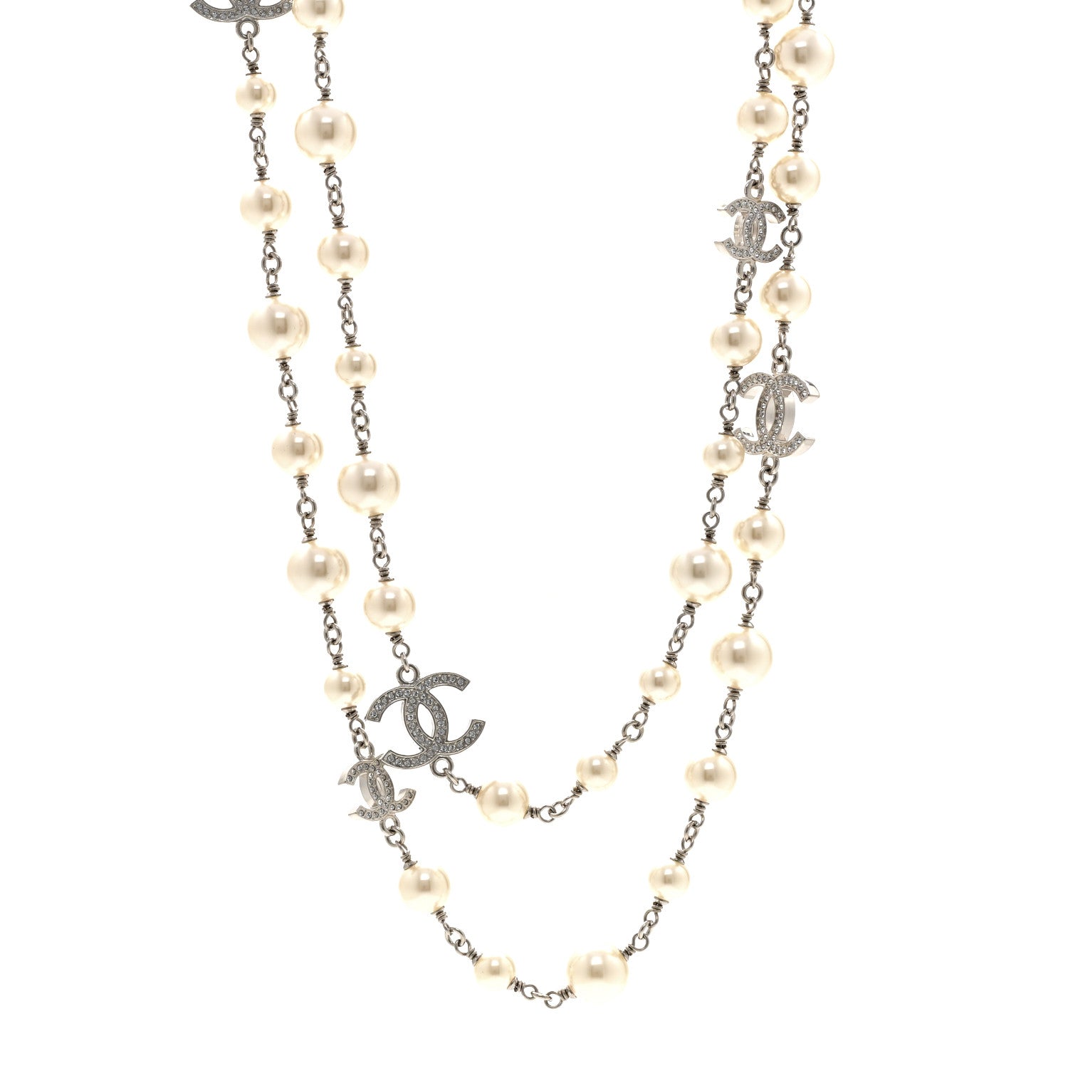 Chanel Graduated Pearl Crystal CC Long Necklace Silver 1 of 6