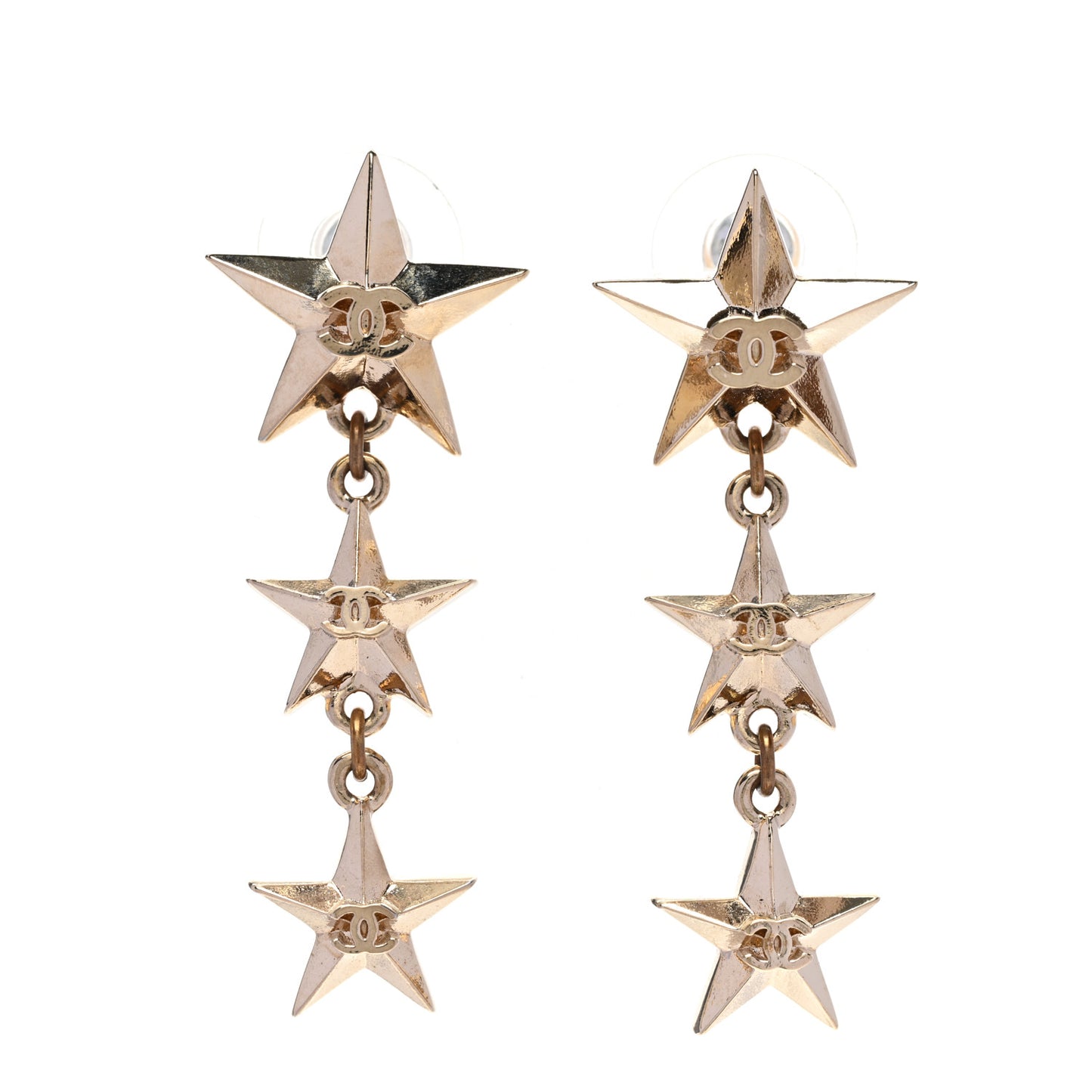 Metal CC Triple Star Drop Earrings Gold