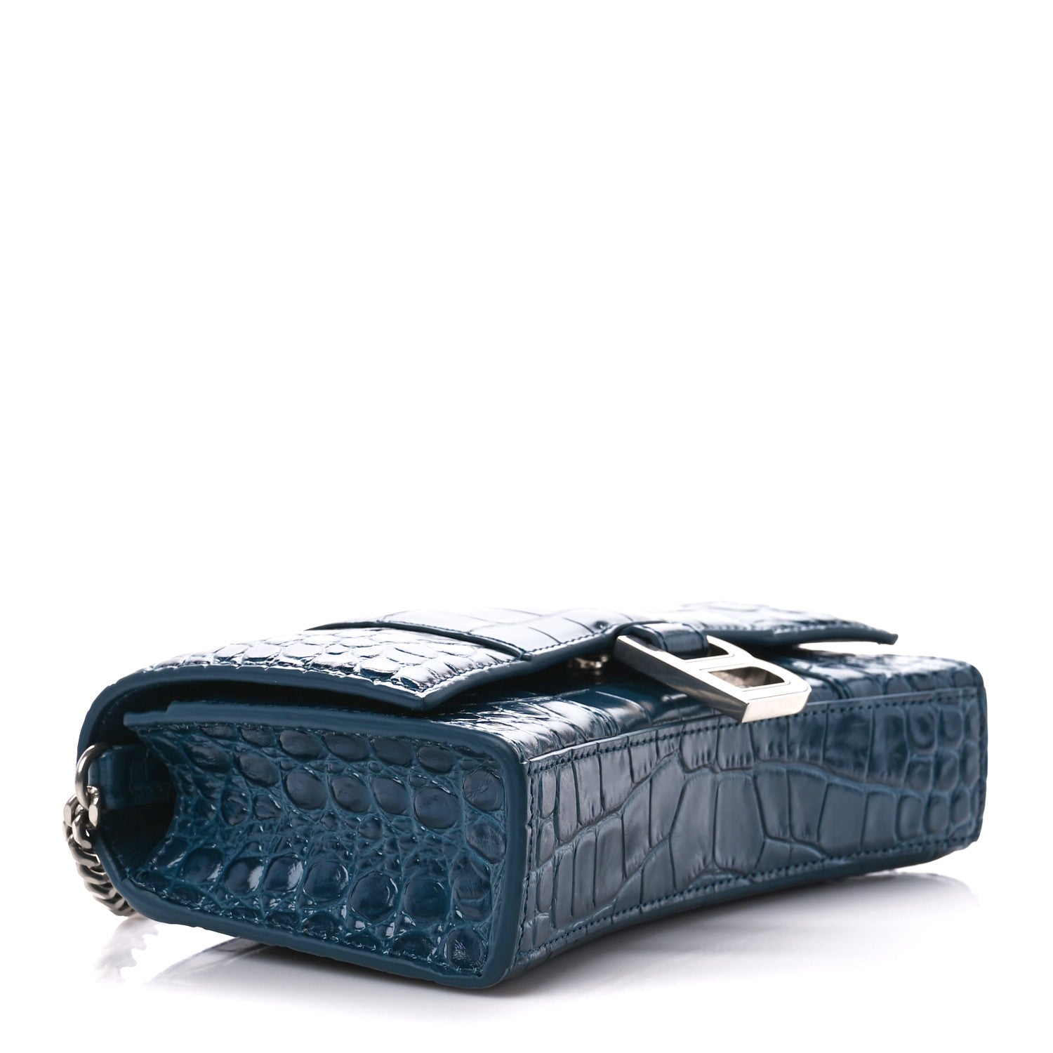 Balenciaga Shiny Calfskin Crocodile Embossed Hourglass Chain Bag Dark Petrol Blue 4 of 11