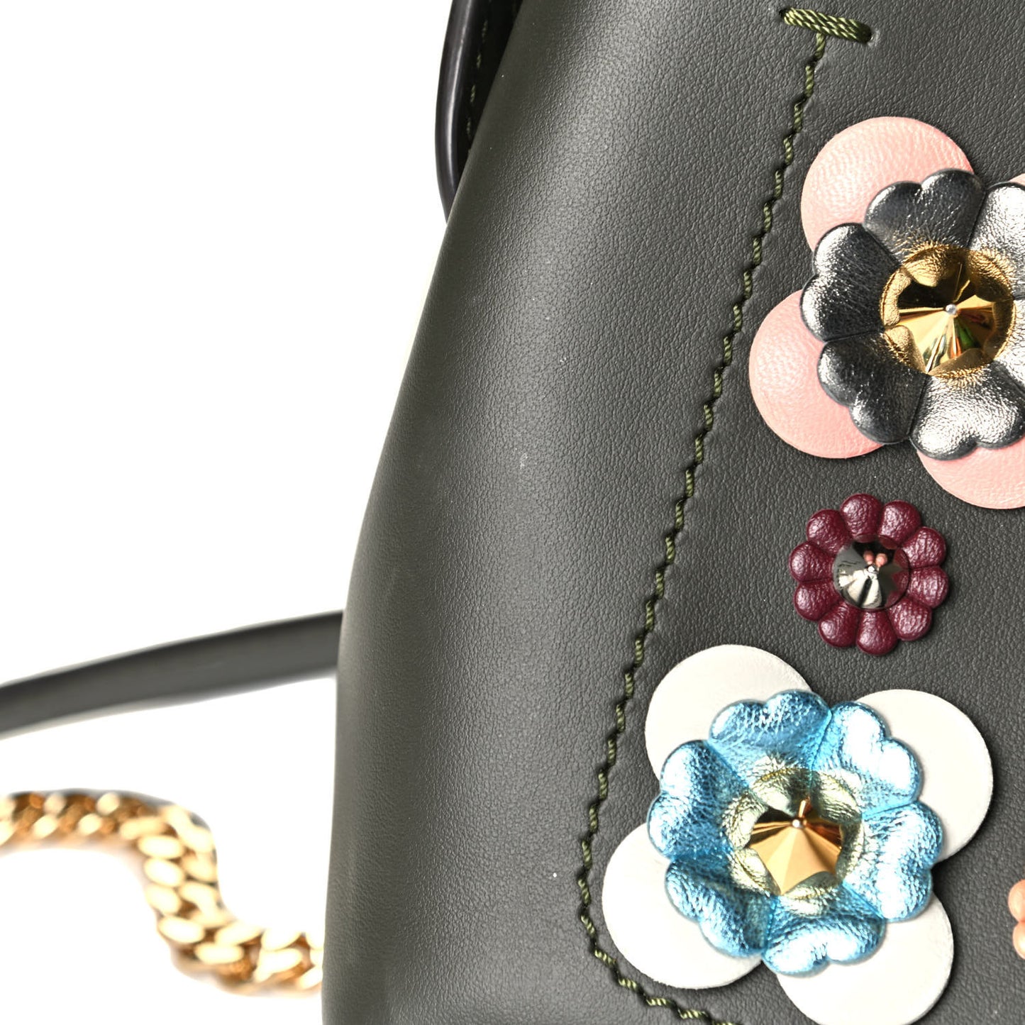 Vitello Baltico Nappa Flowerland Studded Small Dotcom Click Chain Satchel Verde Prato Multicolor