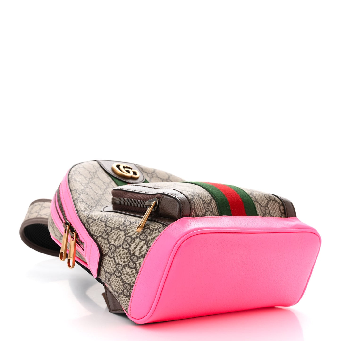 GG Supreme Monogram Textured Dollar Calfskin Web Small Ophidia Day Backpack Beige Ebony Fluorescent Fuchsia