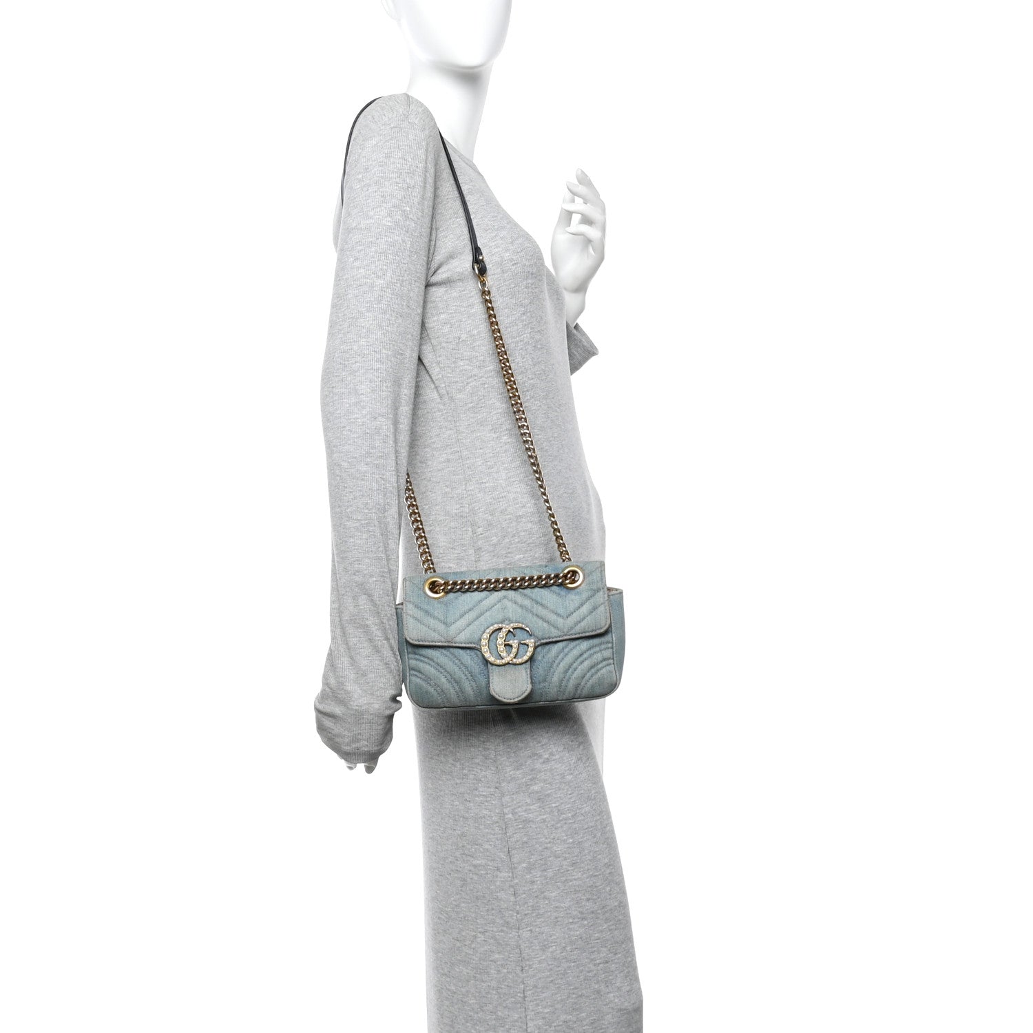 Gucci Denim Matelasse Mini Pearly GG Marmont Shoulder Bag Blue 2 of 14