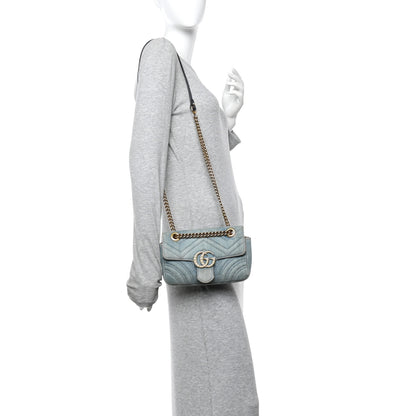 Gucci Denim Matelasse Mini Pearly GG Marmont Shoulder Bag Blue 2 of 14