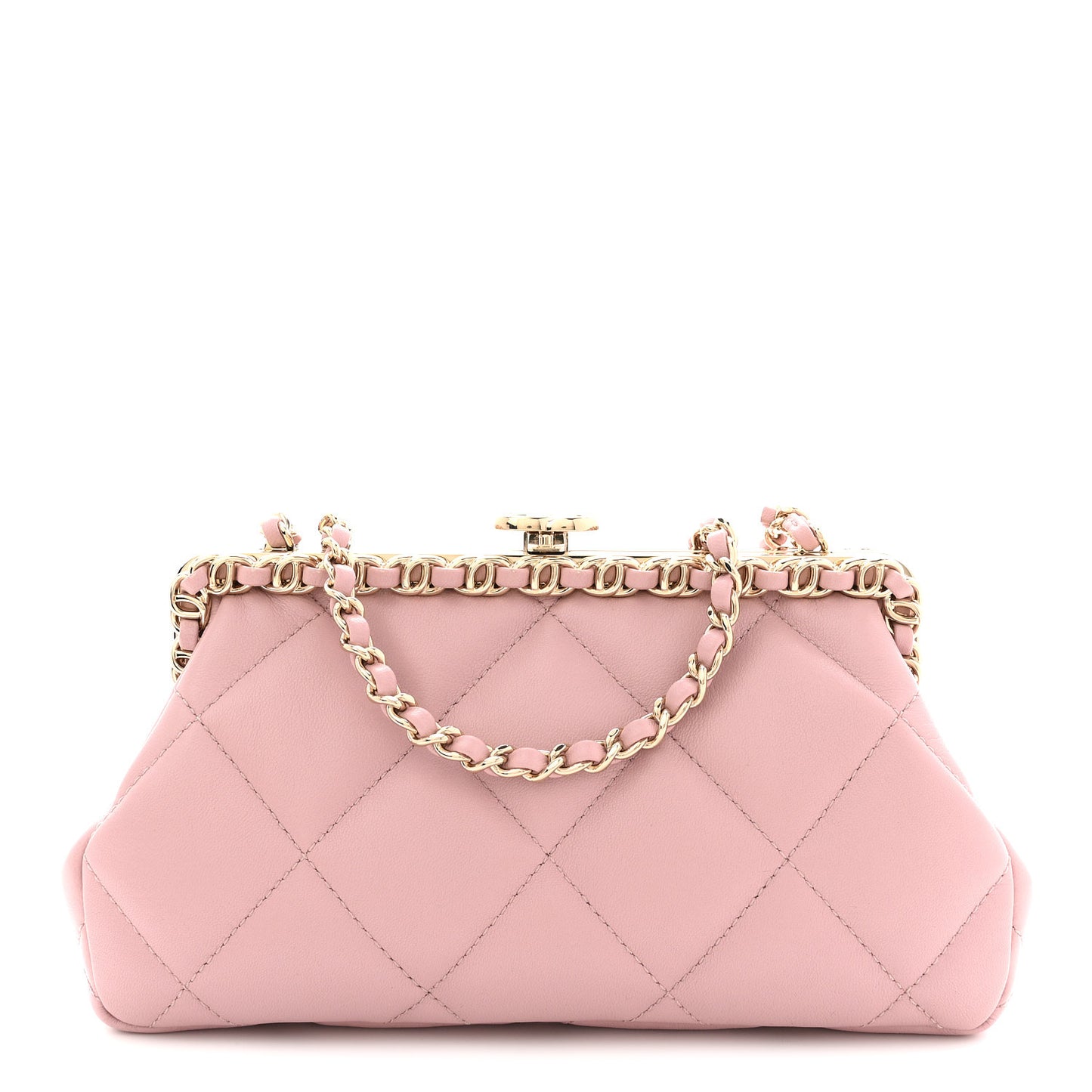 Lambskin Quilted Chain Frame Clutch Pink