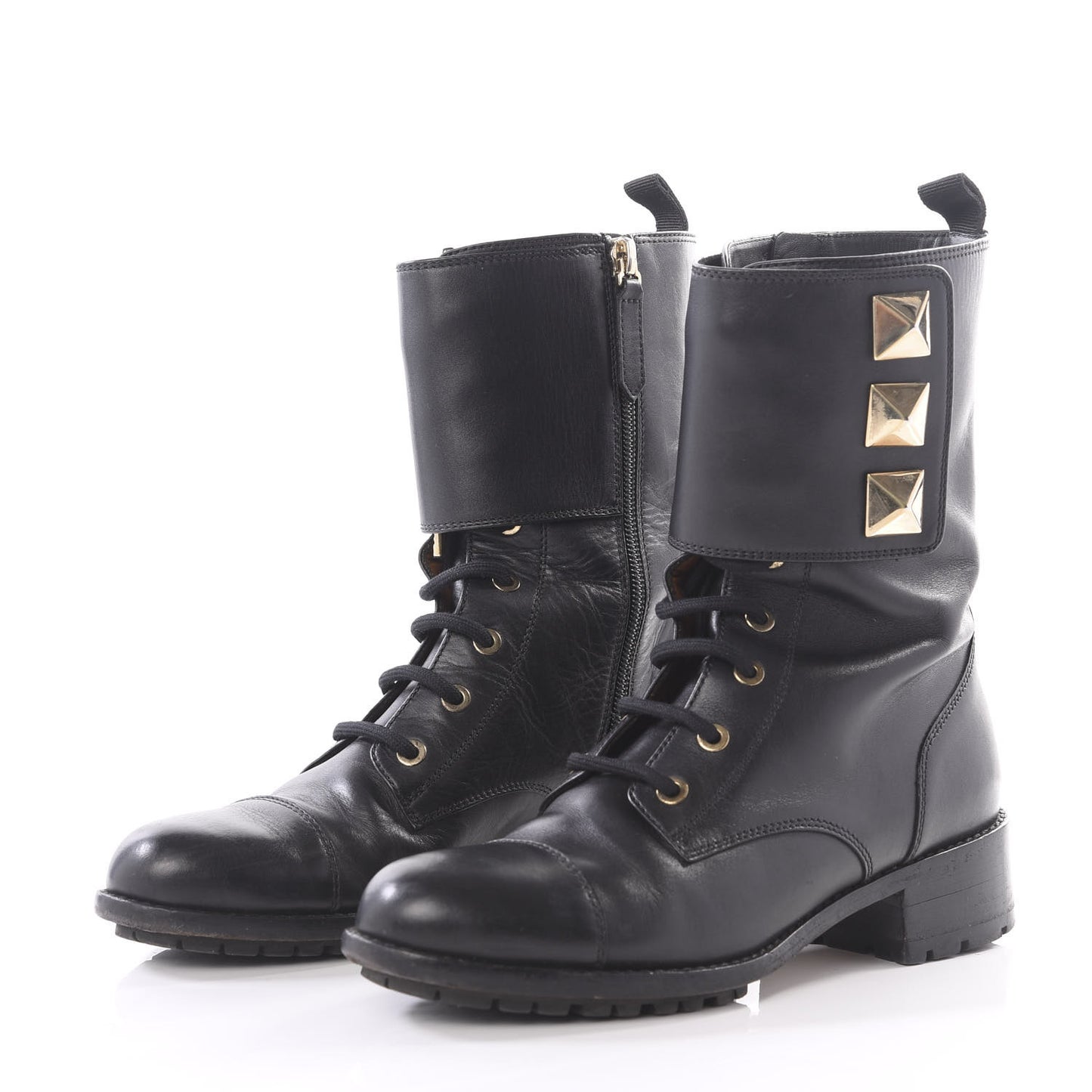 Calfskin Macro Rockstud Combat Boots 36.5 Black