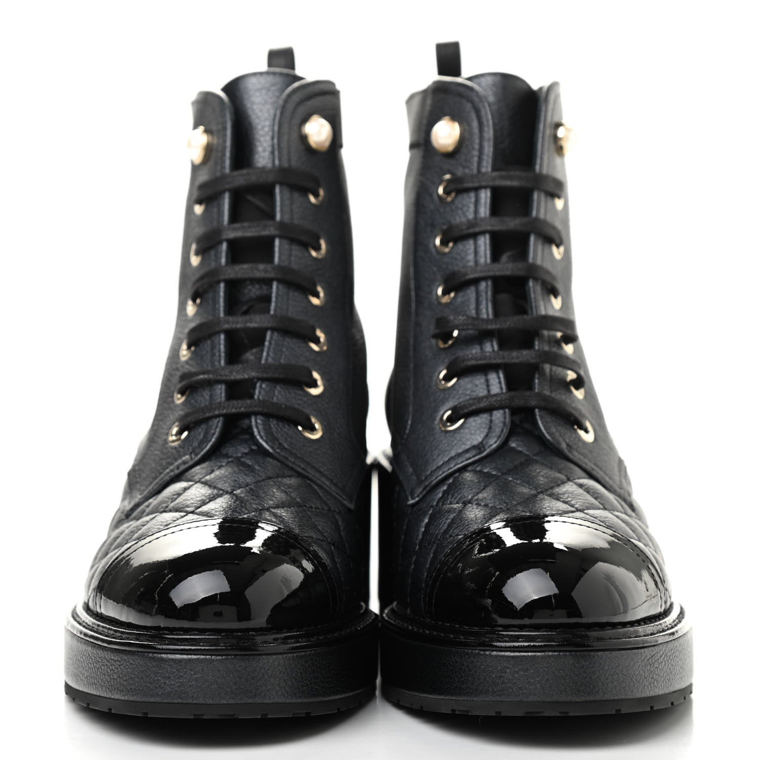 Chanel Pearly Calfskin Patent Calfskin Lace Up Combat Boots 37.5 Black 2 of 8