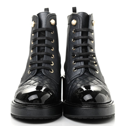Chanel Pearly Calfskin Patent Calfskin Lace Up Combat Boots 37.5 Black 2 of 8
