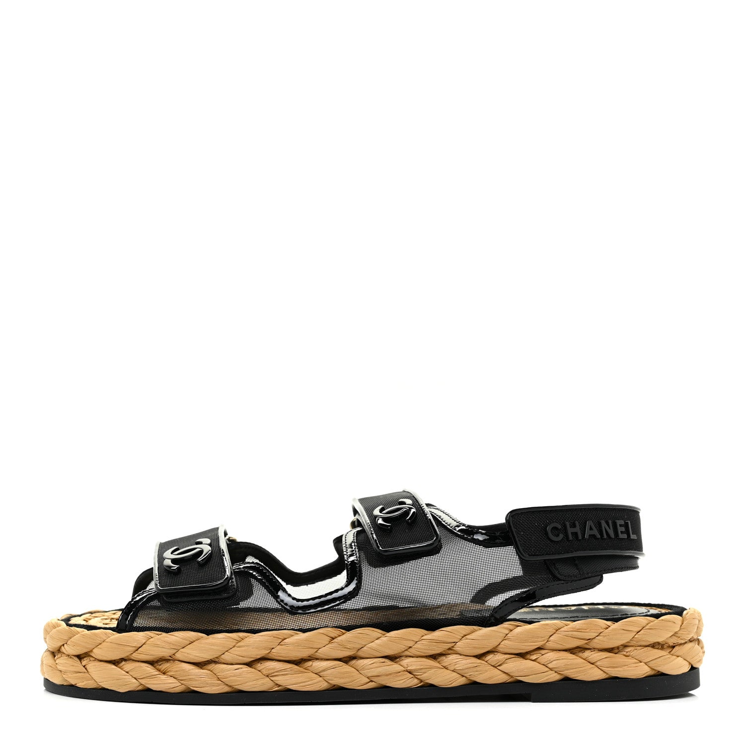 Chanel Mesh Patent Calfskin Velcro Dad Sandals 38.5 Black 1 of 13