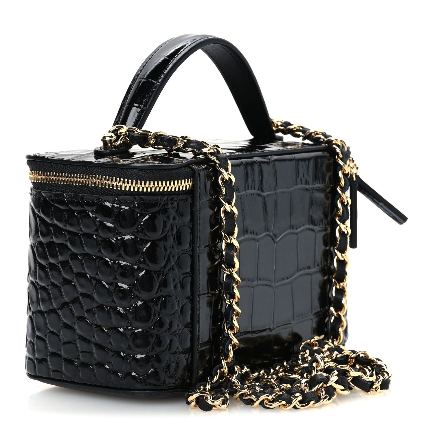 Chanel Calfskin Crocodile Embossed Exoticoco Small Top Handle Vanity Case With Chain Black 2 of 9