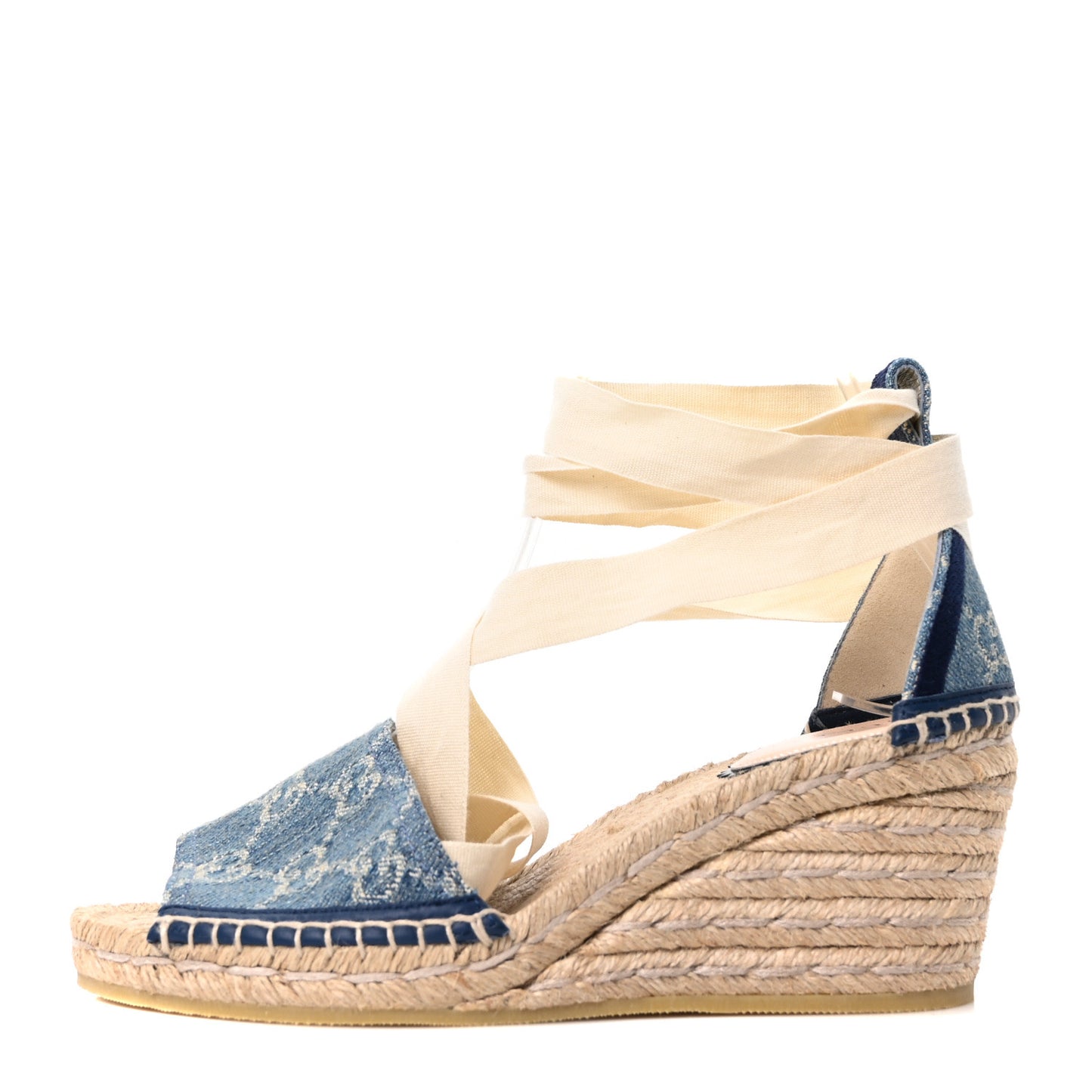 New Denim GG Monogram Pilar Ankle Wrap Espadrille Wedge Sandals 36.5 Light Blue