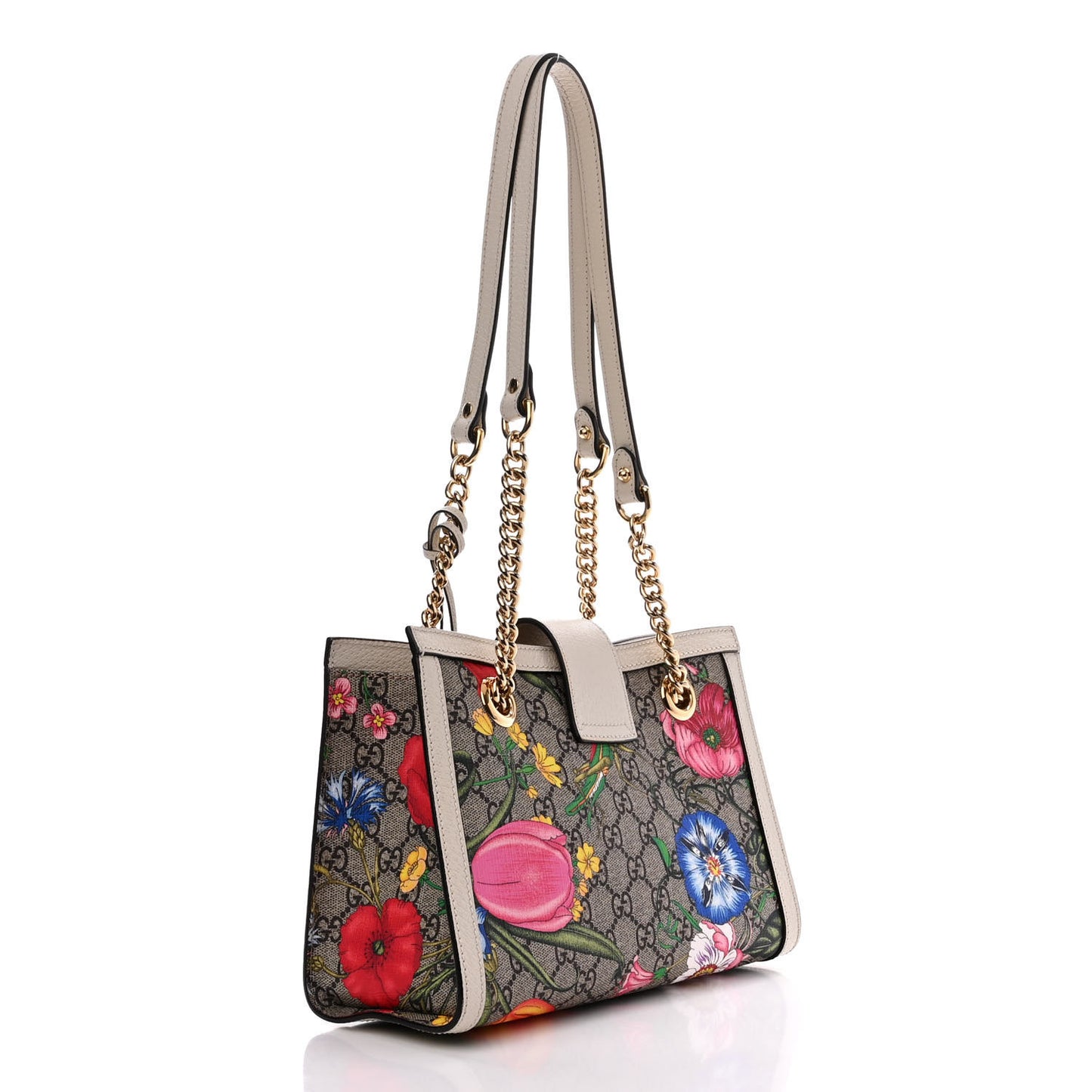 GG Supreme Monogram Flora Textured Calfskin Small Padlock Tote Beige Ebony Multicolor Mystic White