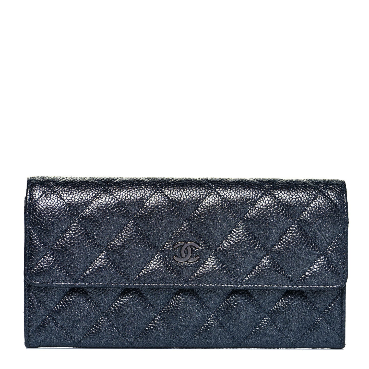 Metallic Caviar Quilted Large Flap Wallet Charcoal