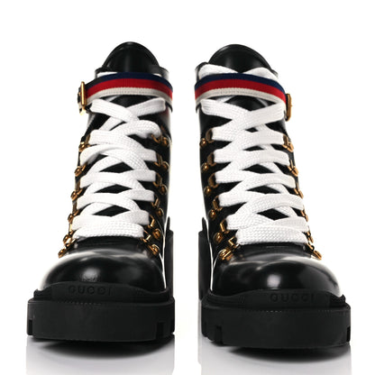 Gucci Calfskin Sylvie Web Womens Lace Up Combat Boots 39 Black 2 of 9