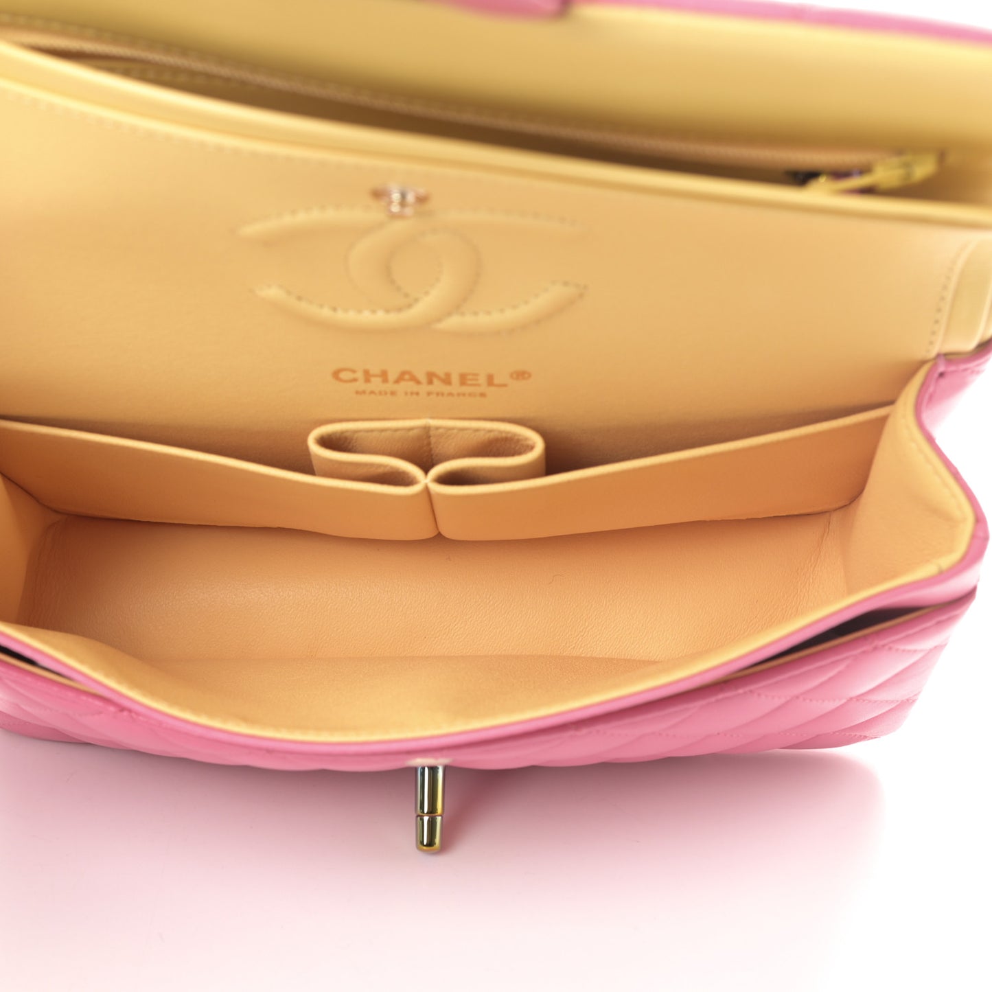 Lambskin Quilted Small Double Flap Pink Yellow