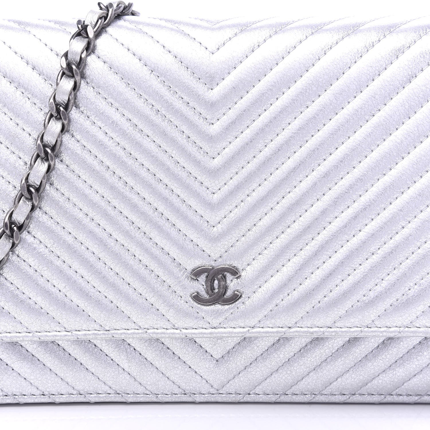 Chanel Metallic Lambskin Chevron Wallet On Chain WOC Silver 10 of 11