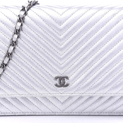 Chanel Metallic Lambskin Chevron Wallet On Chain WOC Silver 10 of 11