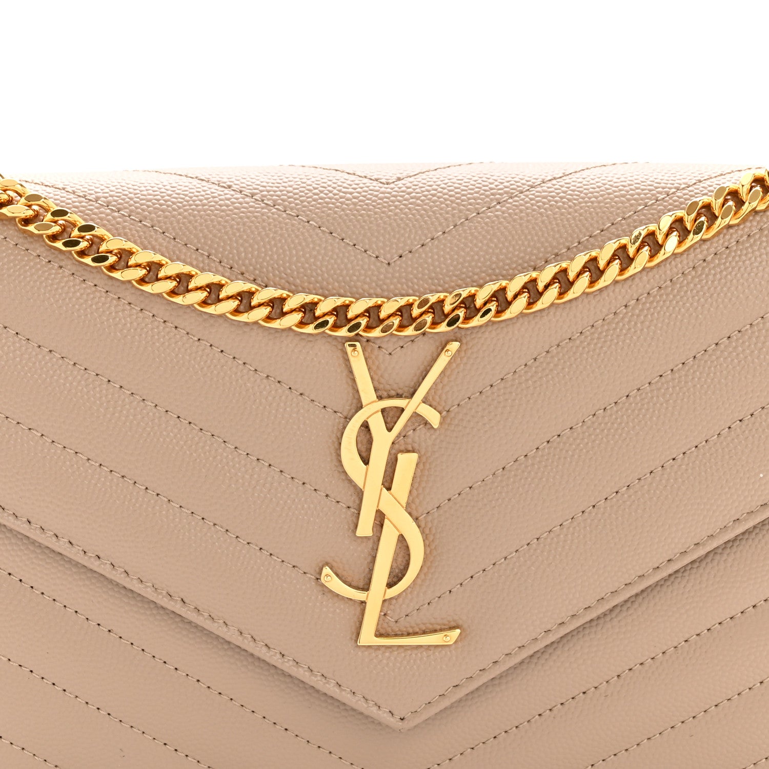Saint Laurent Grain De Poudre Matelasse Chevron Monogram Chain Wallet Dark Beige 8 of 12