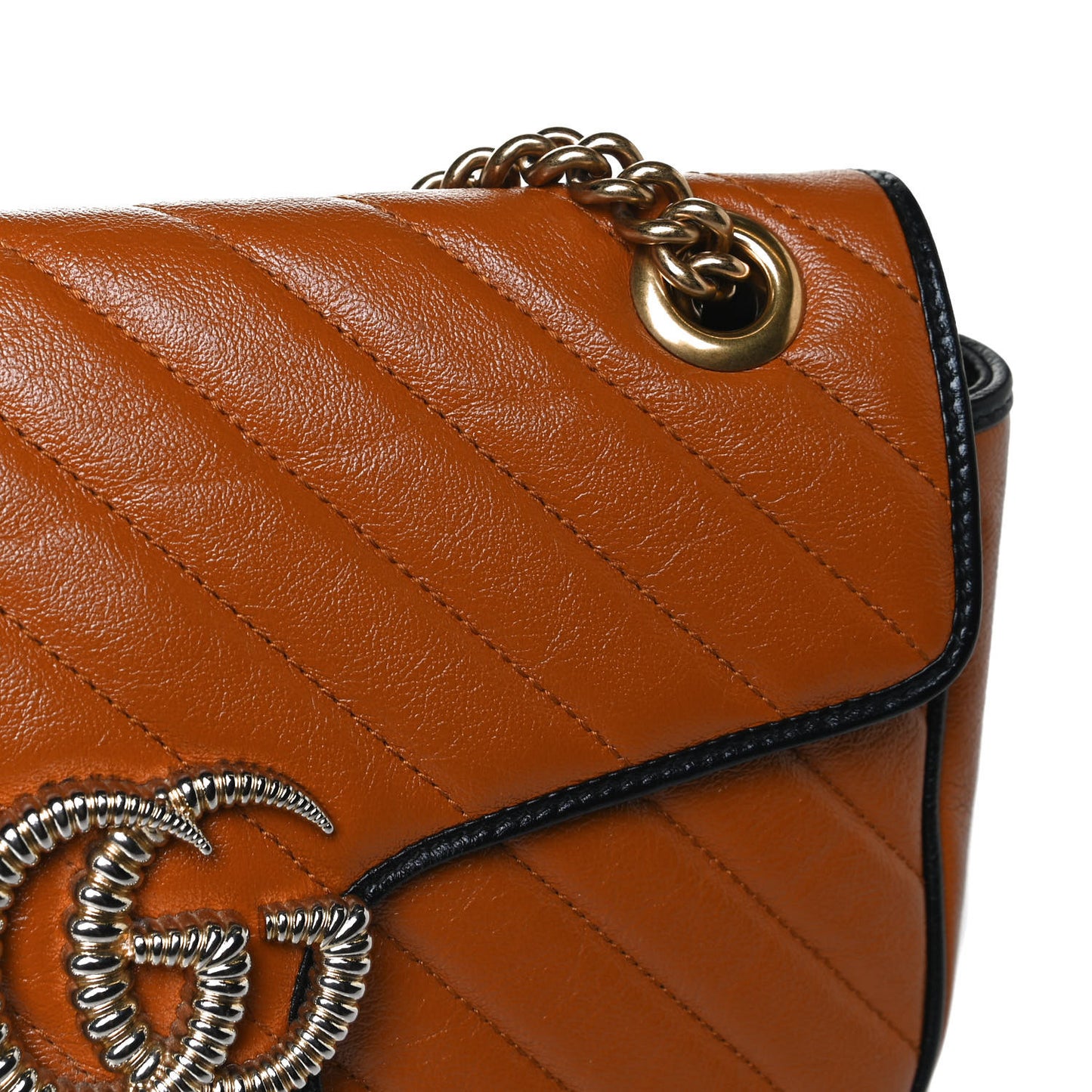 Vintage Effect Calfskin Matelasse Diagonal Small Torchon GG Marmont Shoulder Bag Cognac Black