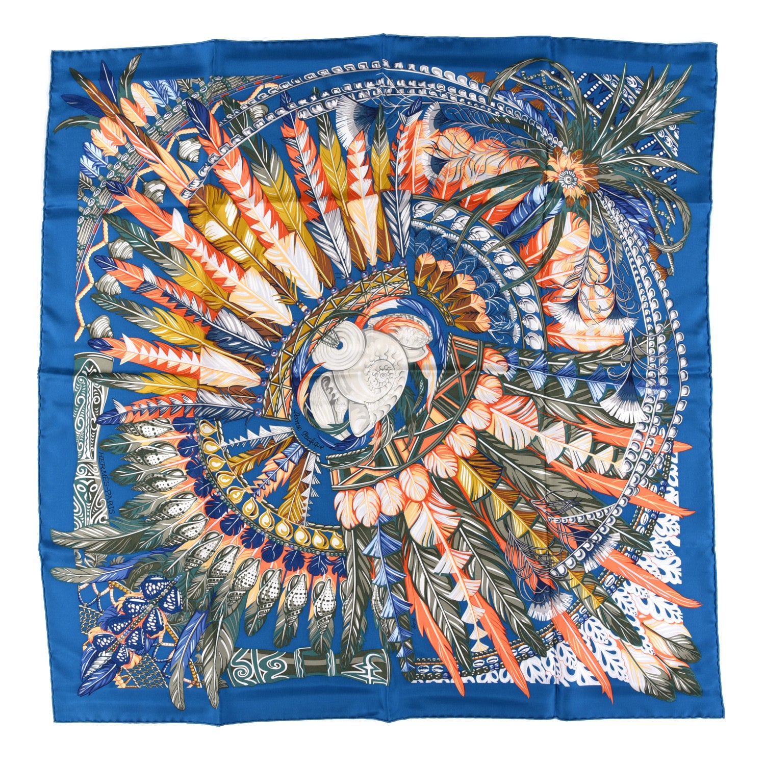 Hermes Silk Danse Pacifique Scarf 90 Bleu Canard Orange Kaki 1 of 4