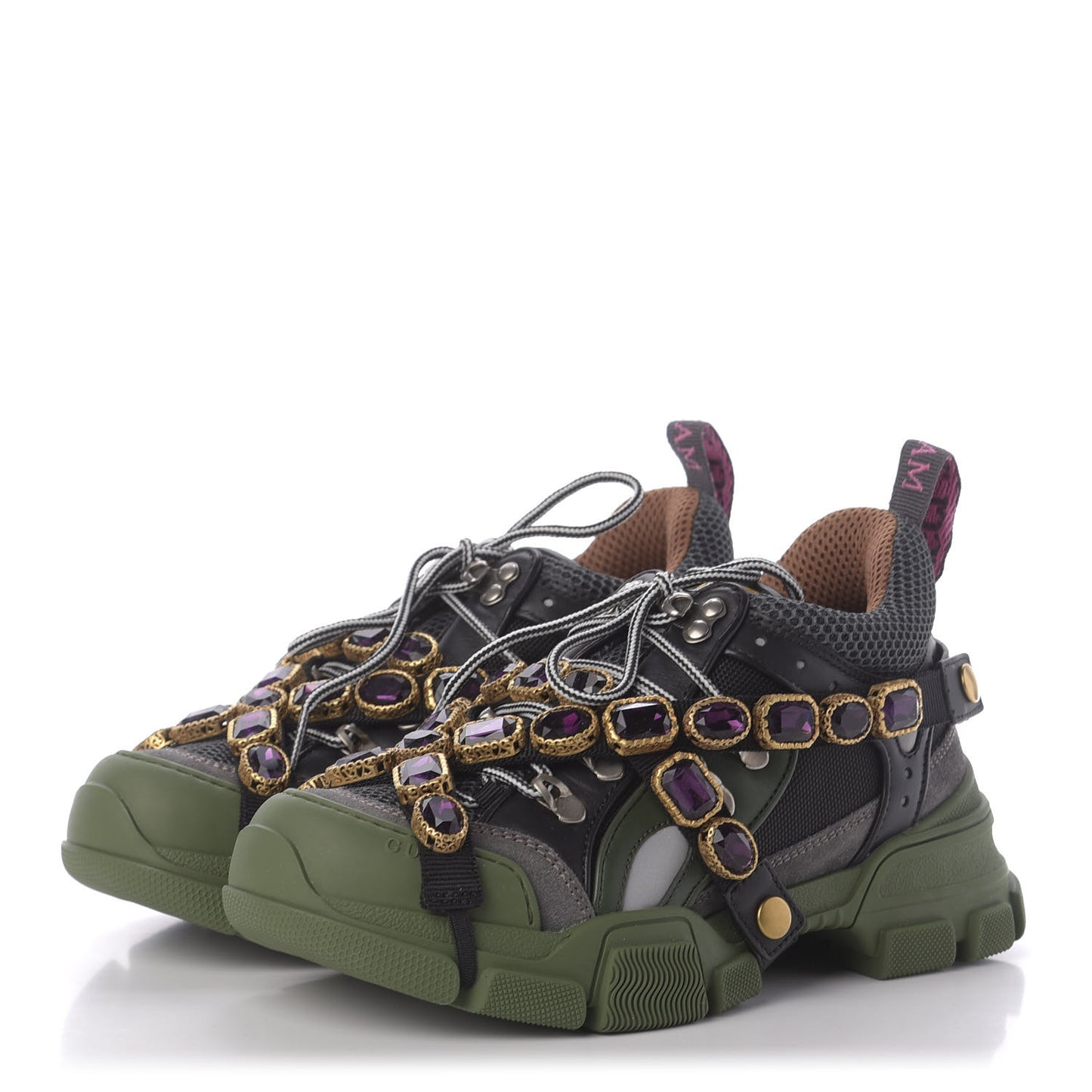 X SEGA Mesh Suede Calfskin Removable Crystals Flashtrek Sneakers 37 Loess Black Olive Green