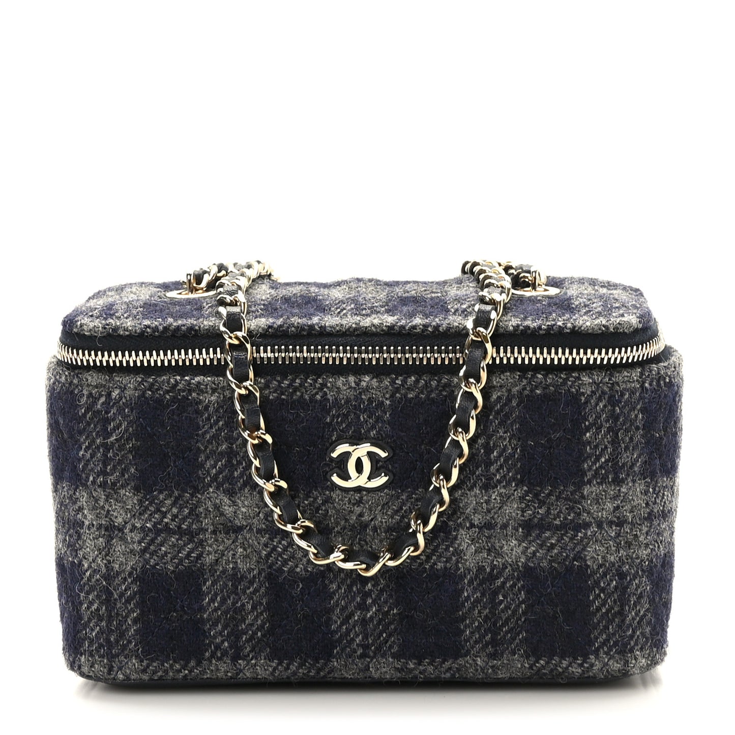 Wool Plaid Quilted Small Vanity Case With Chain Blue