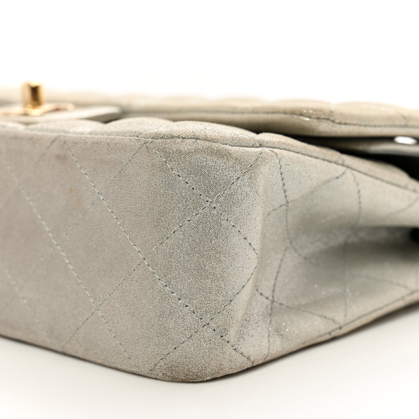 Iridescent Calfskin Quilted Medium Double Flap Silver