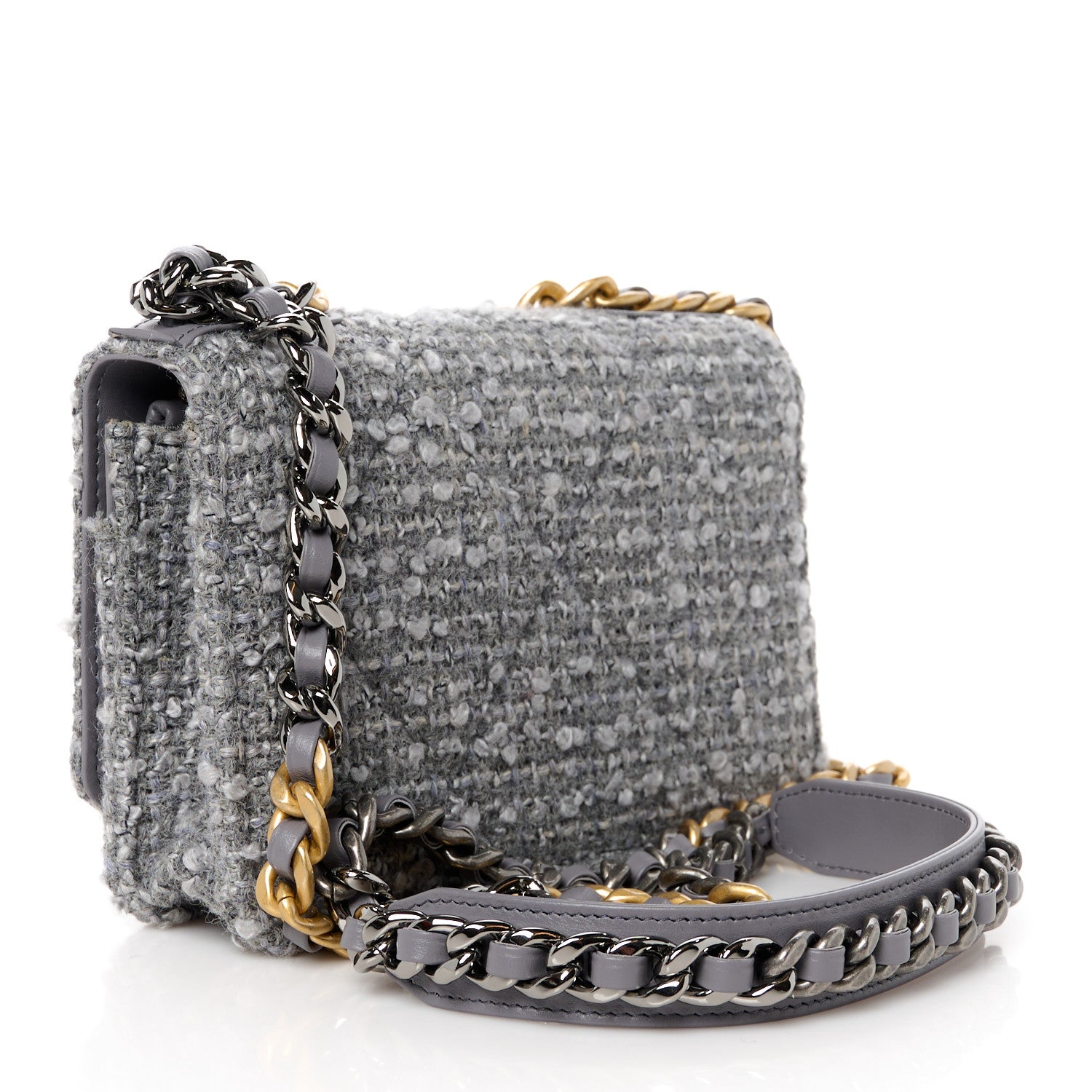 Chanel Wool Tweed Lambskin Quilted Chanel 19 Wallet On Chain WOC Grey 3 of 12