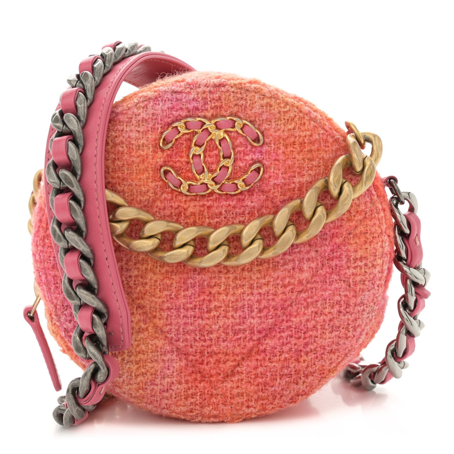 Tweed Quilted Chanel 19 Round Clutch With Chain Coral Pink