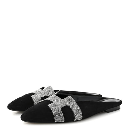 Hermes Suede Goatskin Crystal Roxane Mules 40 Gris Argente Black 4 of 9