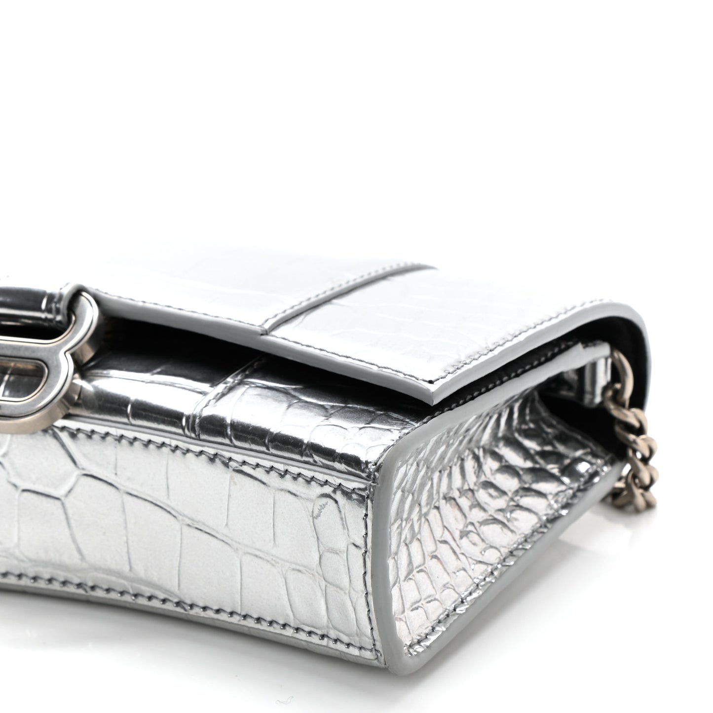 Metallic Calfskin Crocodile Embossed Hourglass Chain Bag Silver