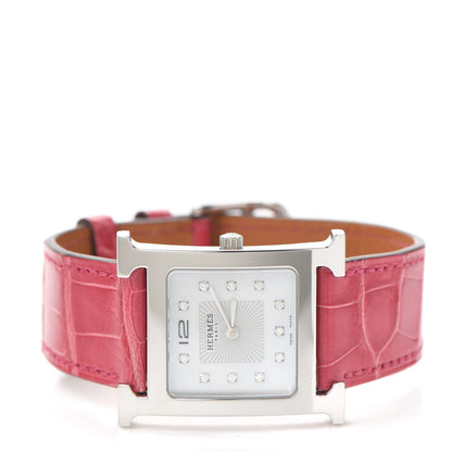 Hermes Stainless Steel Alligator Diamond Mother of Pearl 26mm Heure H Hour Quartz Watch Framboise 2 of 5