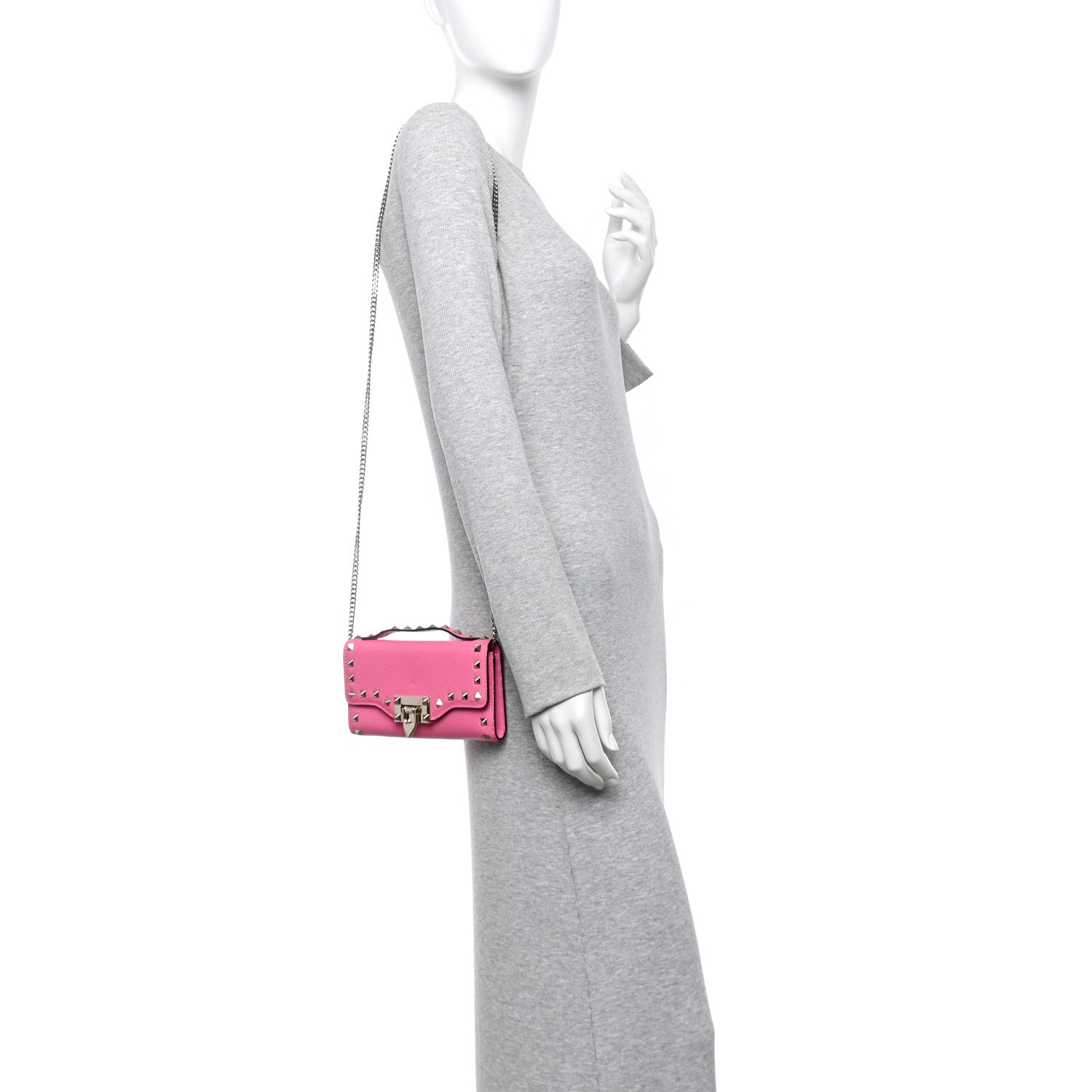Valentino Garavani Pebbled Calfskin Rockstud Flip Lock Wallet On Chain Feminine Pink 3 of 19