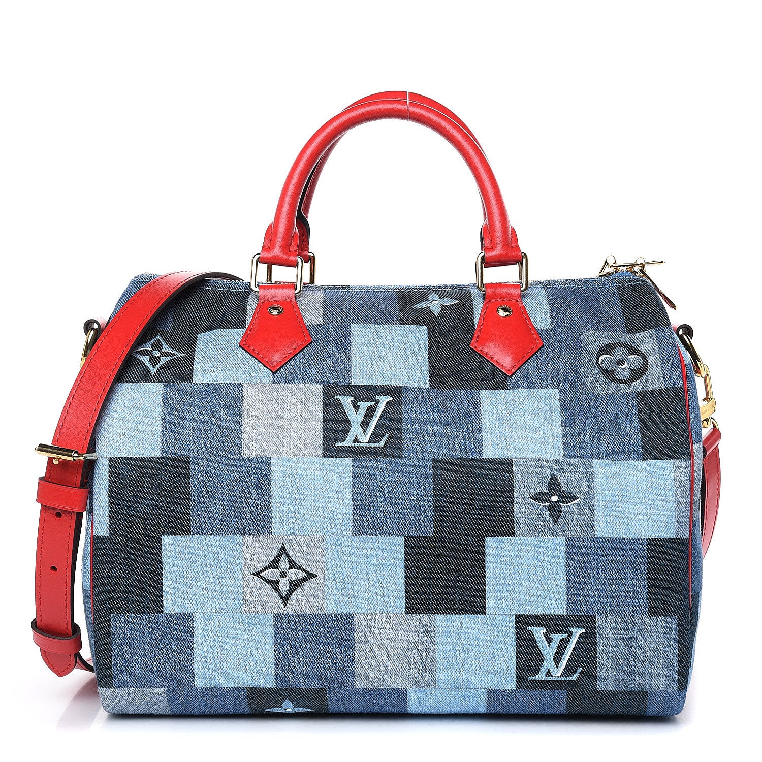 Louis Vuitton Denim Damier Monogram Patchwork Speedy Bandouliere 30 Blue Rouge 1 of 9